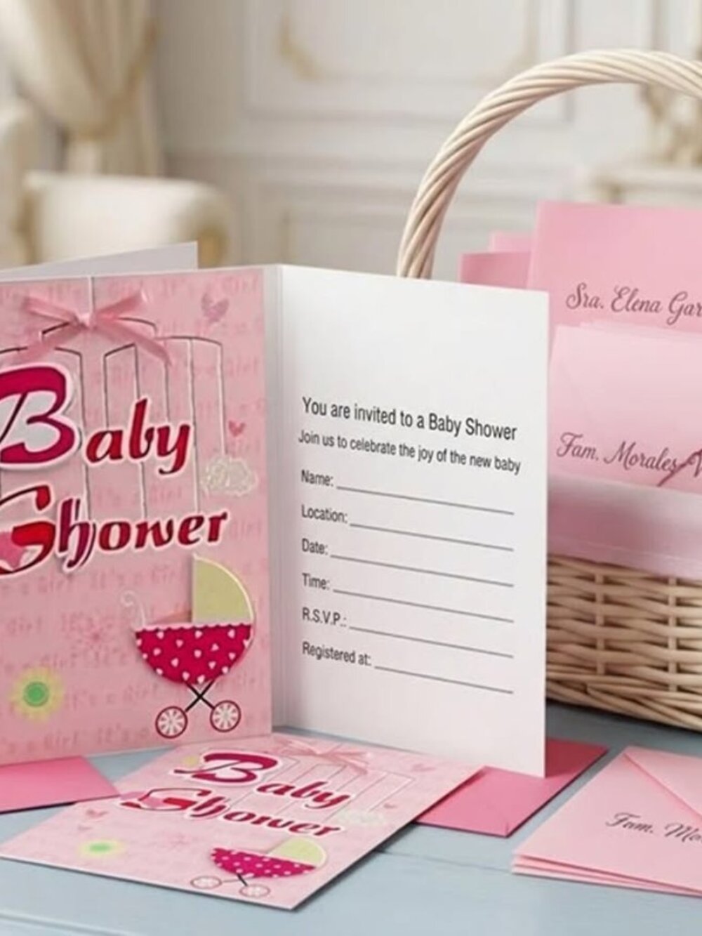 Pink Baby Shower 3D Invitations with Envelopes Party Supplies 10 Count